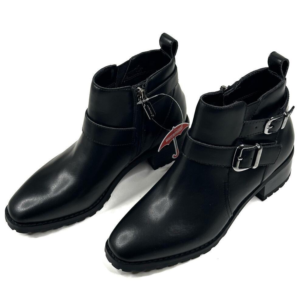 Blondo Shantel Waterproof Black Leather Ankle Boots Womens Size 6M Buckle New